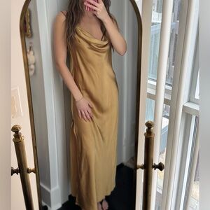 Elegant Gold cowl neck Silk Satin open back maxi Dress